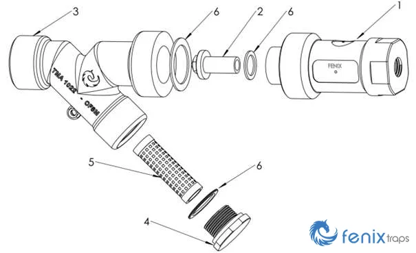Exploded view of the Fenix AM steam trap and its components